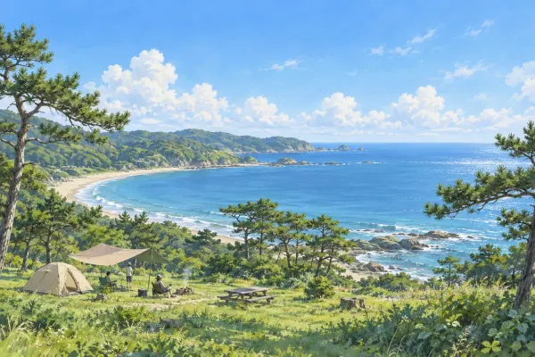 海辺の松林に張ったテントのイラスト（イメージ）