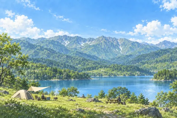 山と湖を望む草地のテントのイラスト（イメージ）