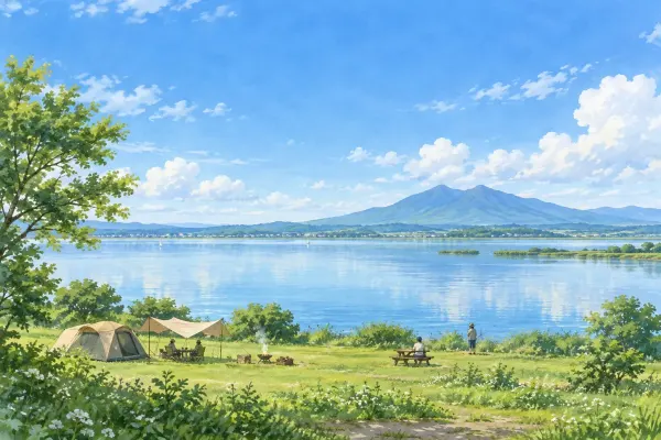 湖畔の草地に張ったテントのイラスト（イメージ）
