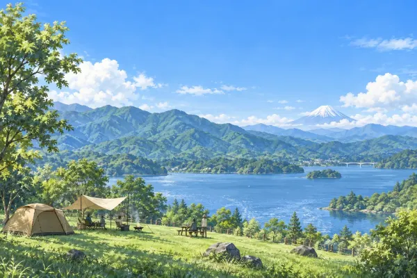湖と富士山を望む草地のテントのイラスト（イメージ）