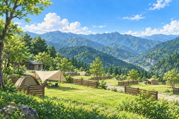 岩場の見える草地に張ったテントのイラスト（イメージ）