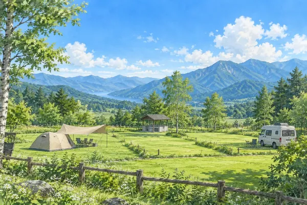 山あいの草地に張ったテントとタープのイラスト（イメージ）