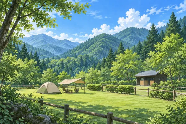 渓谷を見下ろす草地のテントのイラスト（イメージ）